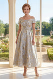 Ruched Dusty Blue Off the Shoulder Floral A Line Maxi Mother of the Bride Dress