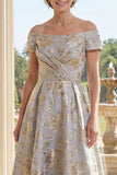 Ruched Dusty Blue Off the Shoulder Floral A Line Maxi Mother of the Bride Dress