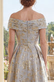 Ruched Dusty Blue Off the Shoulder Floral A Line Maxi Mother of the Bride Dress