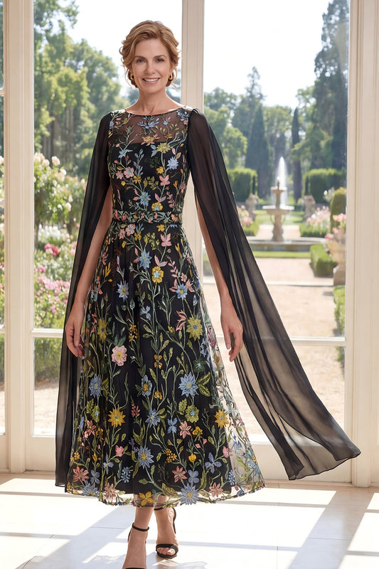 Boat Neck Black Floral A Line Long Mother of the Bride Dress with Cape