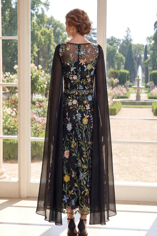 Boat Neck Black Floral A Line Long Mother of the Bride Dress with Cape