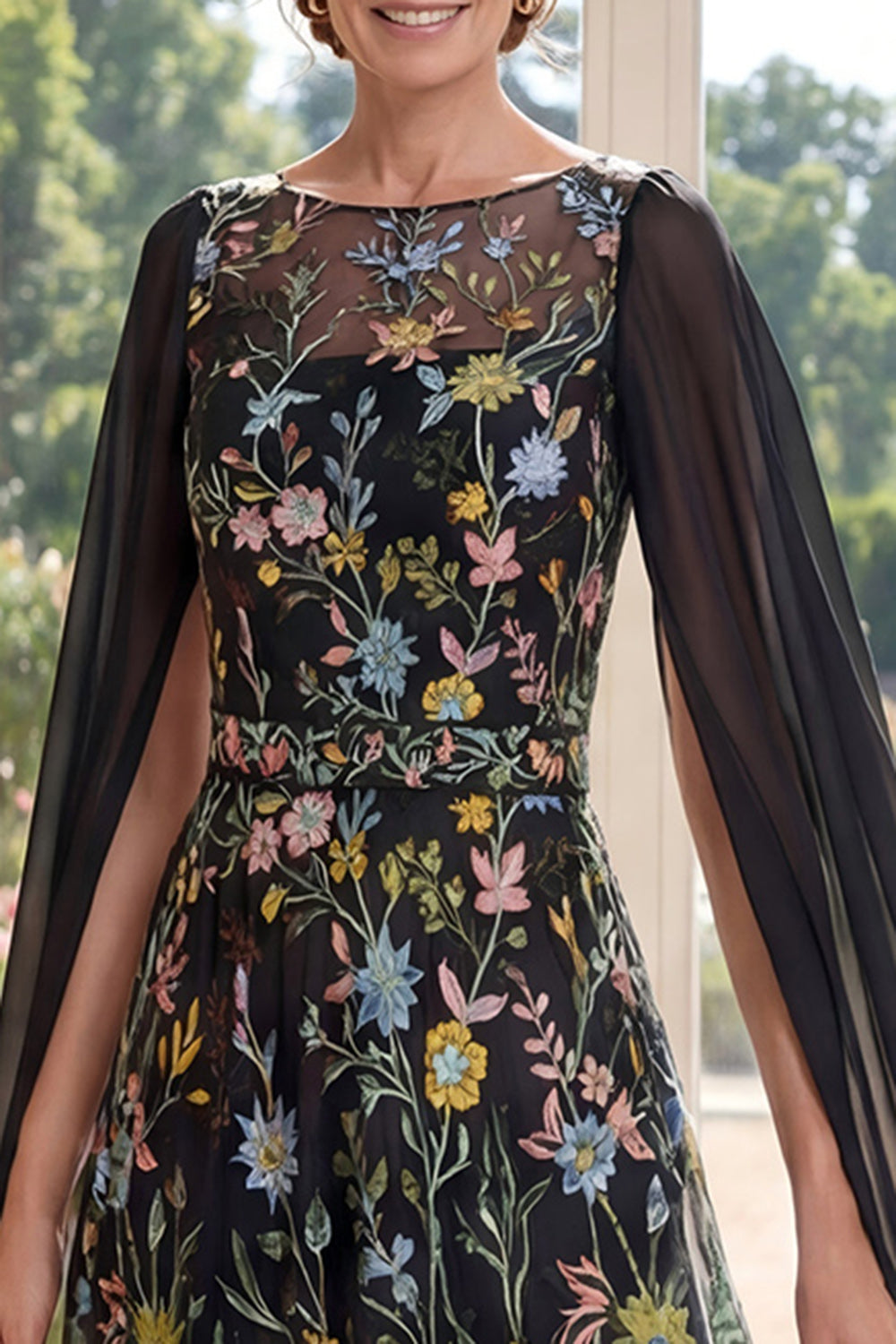 Boat Neck Black Floral A Line Long Mother of the Bride Dress with Cape