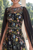 Boat Neck Black Floral A Line Long Mother of the Bride Dress with Cape