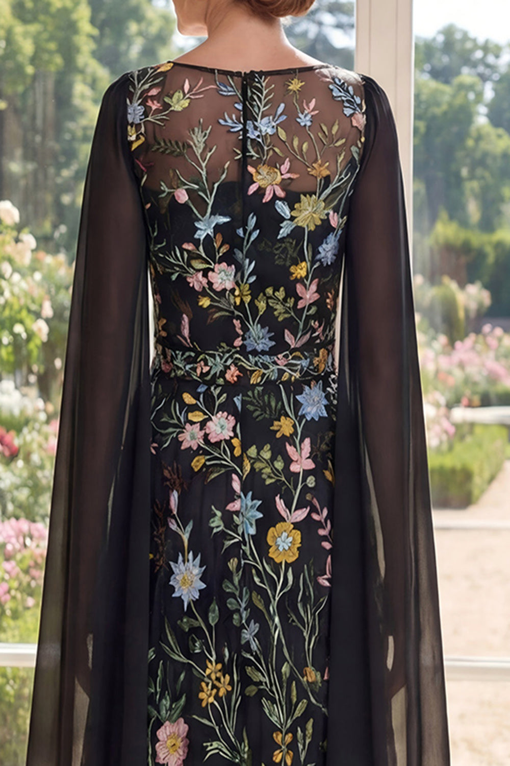 Boat Neck Black Floral A Line Long Mother of the Bride Dress with Cape