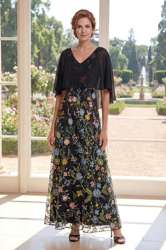 V-Neck A Line Long Black Floral Mother of the Bride Dress with Cape