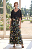 V-Neck A Line Long Black Floral Mother of the Bride Dress with Cape