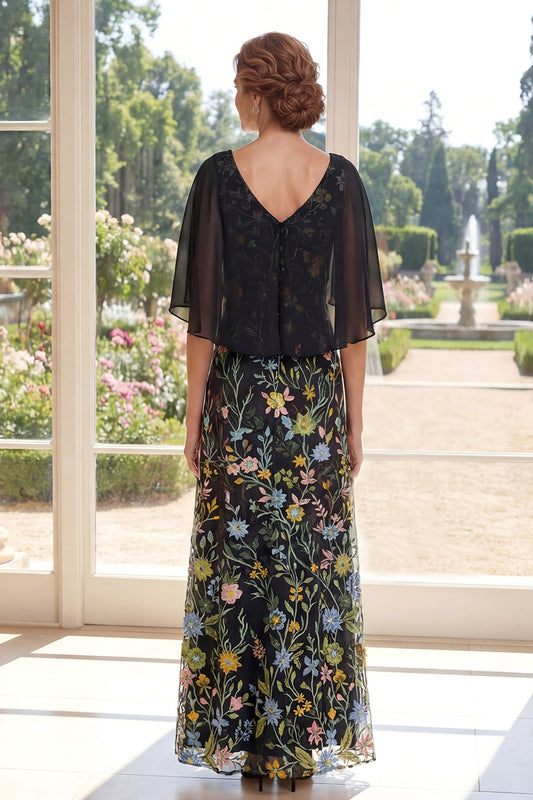 V-Neck A Line Long Black Floral Mother of the Bride Dress with Cape
