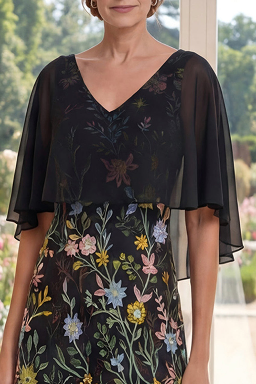 V-Neck A Line Long Black Floral Mother of the Bride Dress with Cape