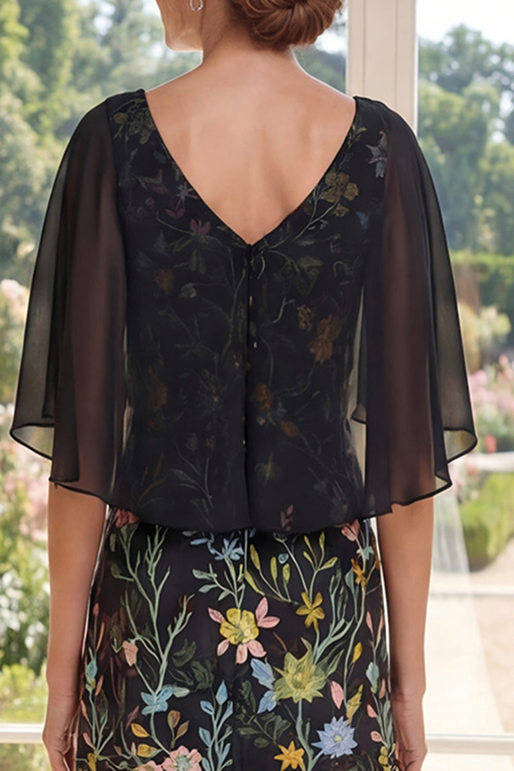 V-Neck A Line Long Black Floral Mother of the Bride Dress with Cape