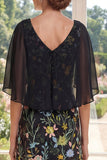 V-Neck A Line Long Black Floral Mother of the Bride Dress with Cape