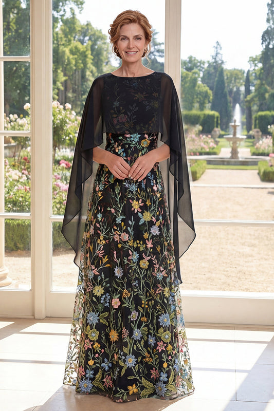 Ruffled A Line Long Boat Neck Black Floral Mother of the Bride Dress with Cape