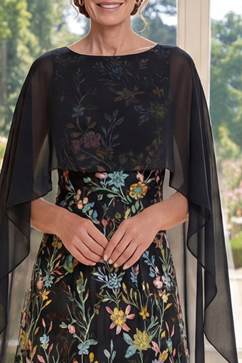Ruffled A Line Long Boat Neck Black Floral Mother of the Bride Dress with Cape