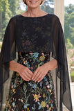 Ruffled A Line Long Boat Neck Black Floral Mother of the Bride Dress with Cape