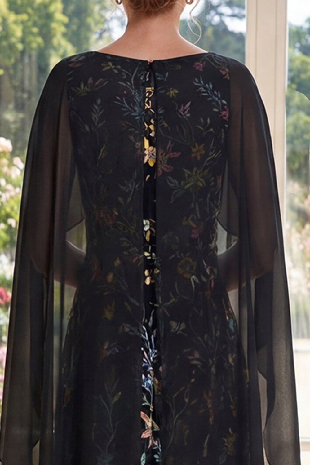 Ruffled A Line Long Boat Neck Black Floral Mother of the Bride Dress with Cape