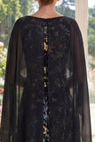 Ruffled A Line Long Boat Neck Black Floral Mother of the Bride Dress with Cape