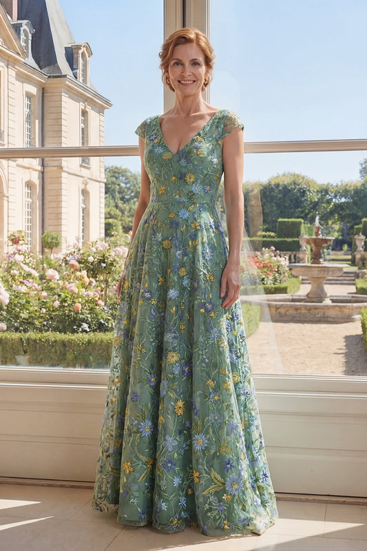 Cap Sleeves A Line Long V-Neck Green Floral Mother of the Bride Dress