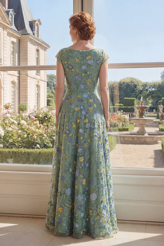 Cap Sleeves A Line Long V-Neck Green Floral Mother of the Bride Dress