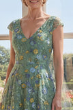 Cap Sleeves A Line Long V-Neck Green Floral Mother of the Bride Dress