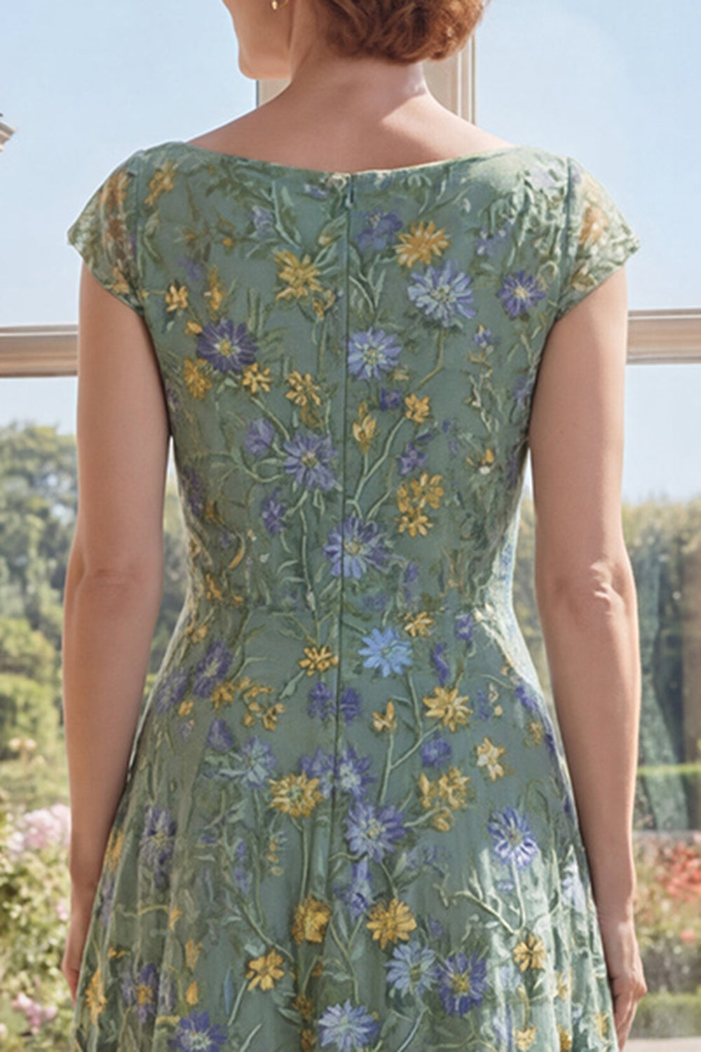 Cap Sleeves A Line Long V-Neck Green Floral Mother of the Bride Dress