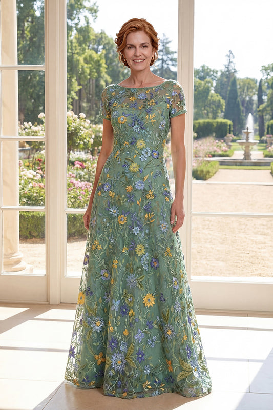 Short Sleeves A Line Long Green Floral Boat Neck Mother of the Bride Dress