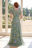 Short Sleeves A Line Long Green Floral Boat Neck Mother of the Bride Dress