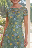 Short Sleeves A Line Long Green Floral Boat Neck Mother of the Bride Dress