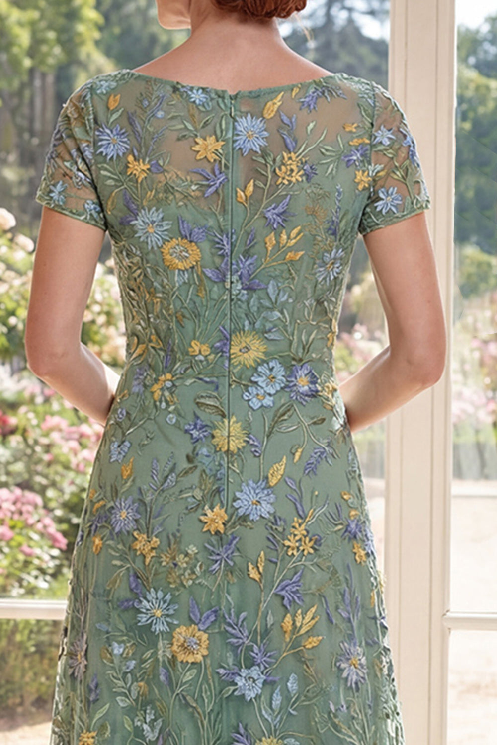 Short Sleeves A Line Long Green Floral Boat Neck Mother of the Bride Dress
