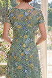 Short Sleeves A Line Long Green Floral Boat Neck Mother of the Bride Dress