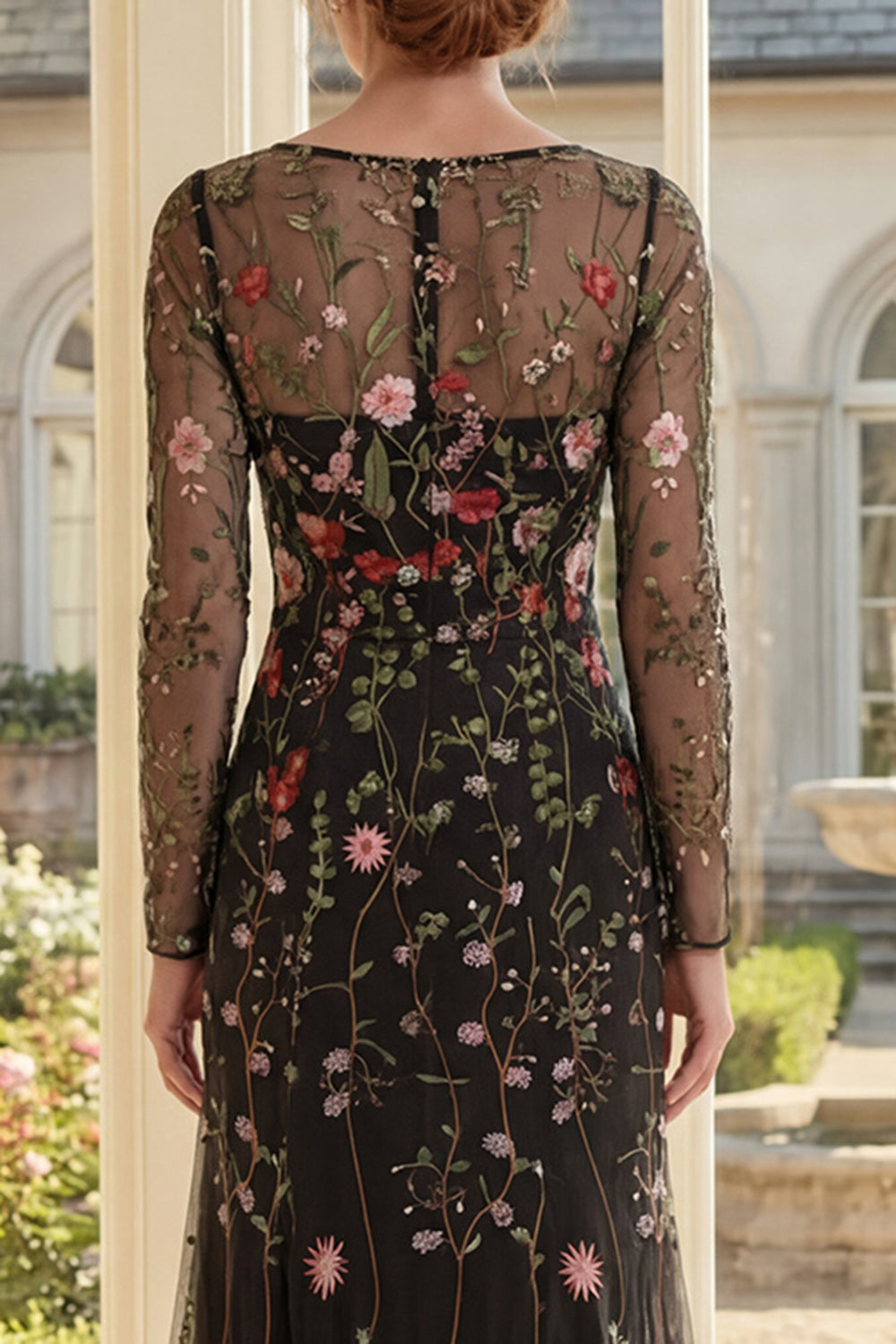 Square Neck Long Sleeves Black Floral Sheath Long Mother of the Bride Dress
