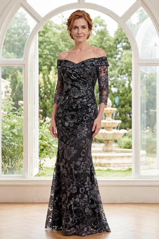 Sparkly Black Floral Mermaid Ruched Long Mother of the Bride Dress
