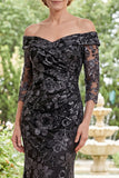Sparkly Black Floral Mermaid Ruched Long Mother of the Bride Dress
