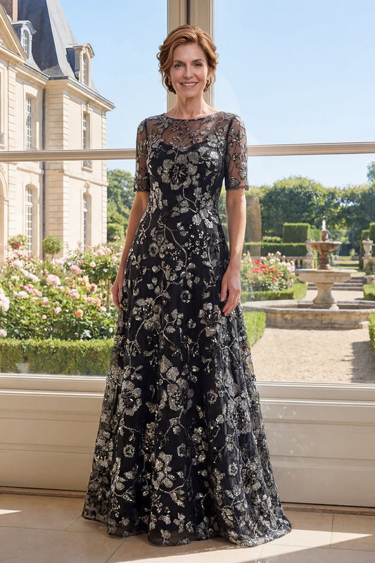Boat Neck Sparkly Black Floral A Line Long Mother of the Bride Dress