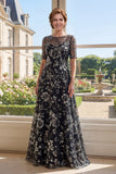 Boat Neck Sparkly Black Floral A Line Long Mother of the Bride Dress