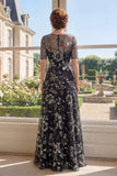 Boat Neck Sparkly Black Floral A Line Long Mother of the Bride Dress