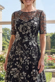 Boat Neck Sparkly Black Floral A Line Long Mother of the Bride Dress
