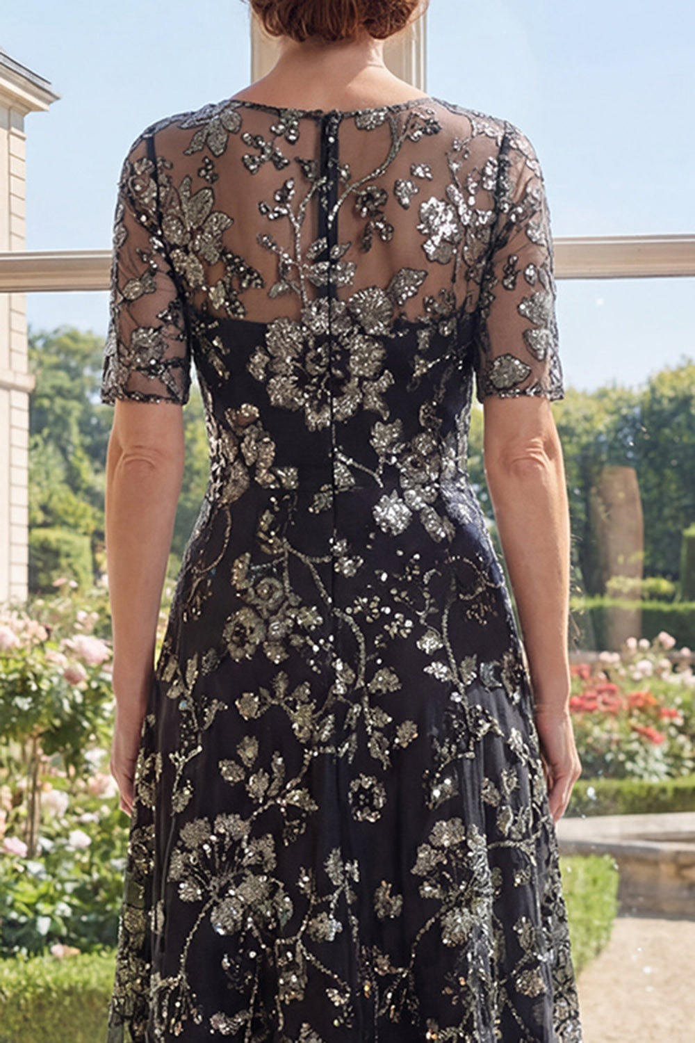 Boat Neck Sparkly Black Floral A Line Long Mother of the Bride Dress
