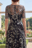Boat Neck Sparkly Black Floral A Line Long Mother of the Bride Dress