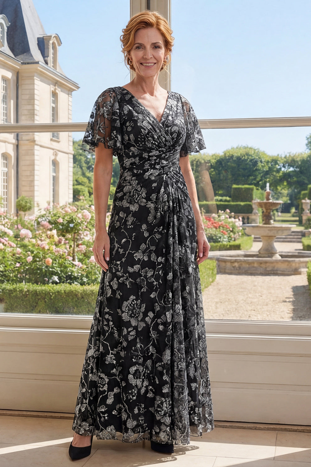 Flutter Sleeves V-Neck Ruched Black Floral A Line Long Mother of the Bride Dress