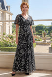 Flutter Sleeves V-Neck Ruched Black Floral A Line Long Mother of the Bride Dress