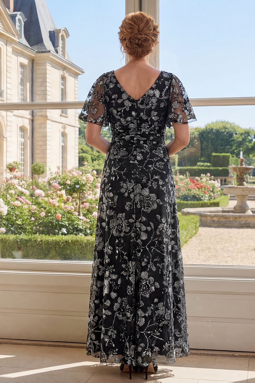 Flutter Sleeves V-Neck Ruched Black Floral A Line Long Mother of the Bride Dress