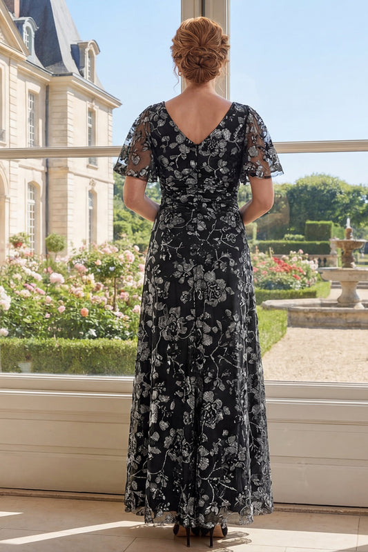 Flutter Sleeves V-Neck Ruched Black Floral A Line Long Mother of the Bride Dress