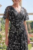 Flutter Sleeves V-Neck Ruched Black Floral A Line Long Mother of the Bride Dress