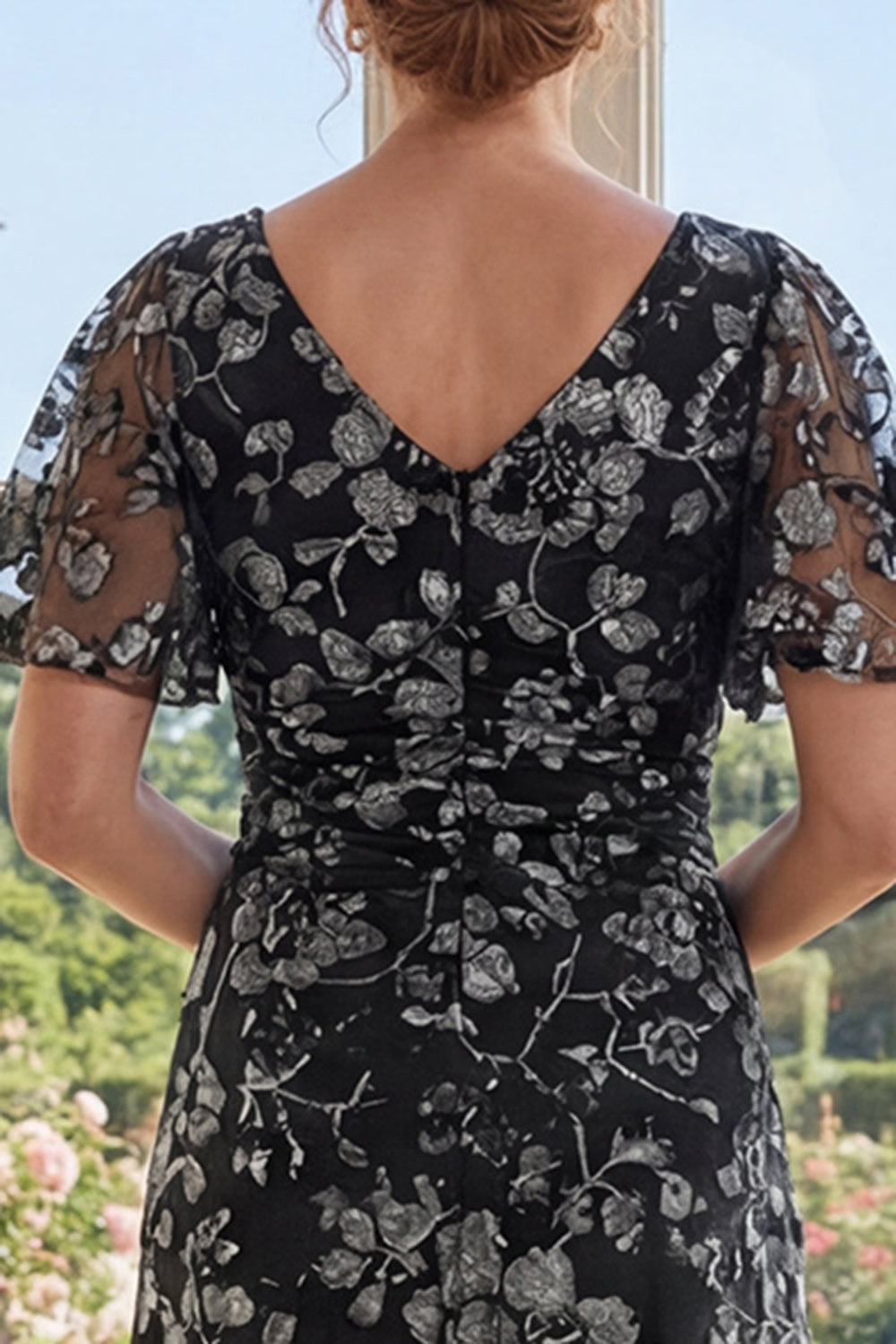 Flutter Sleeves V-Neck Ruched Black Floral A Line Long Mother of the Bride Dress
