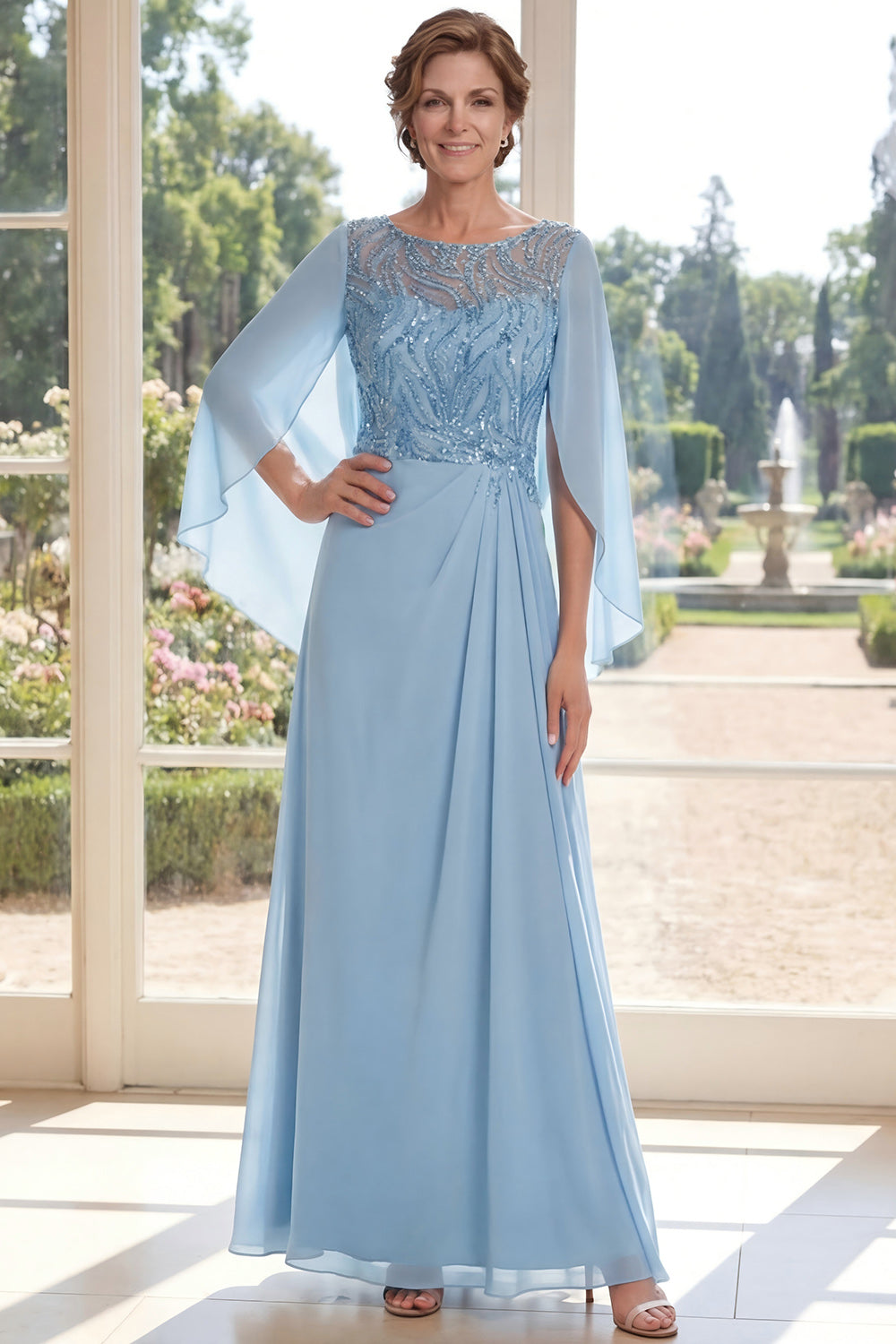 Sparkly Light Blue Boat Neck A Line Long Beaded Mother of the Bride Dress with Cape