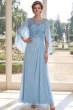 Sparkly Light Blue Boat Neck A Line Long Beaded Mother of the Bride Dress with Cape