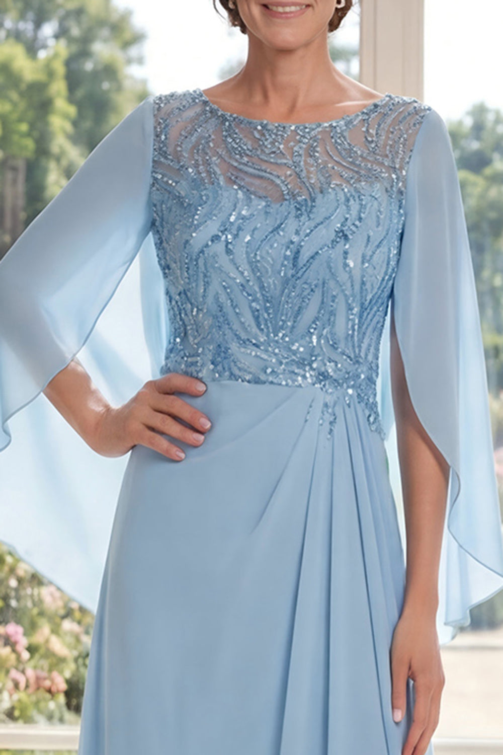 Sparkly Light Blue Boat Neck A Line Long Beaded Mother of the Bride Dress with Cape