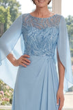 Sparkly Light Blue Boat Neck A Line Long Beaded Mother of the Bride Dress with Cape