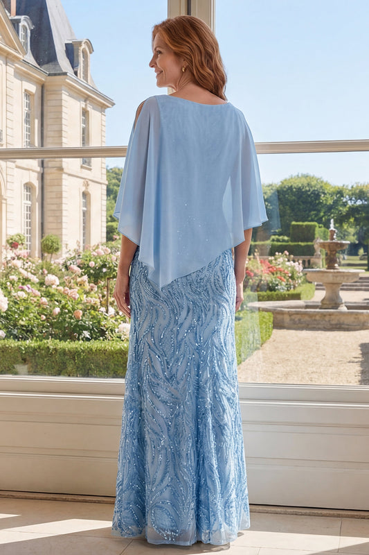 Boat Neck Sheath Long Beaded Sparkly Light Blue Mother of the Bride Dress with Cape