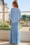 Boat Neck Sheath Long Beaded Sparkly Light Blue Mother of the Bride Dress with Cape