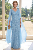 Sheath V-Neck Long Beaded Sparkly Light Blue Mother of the Bride Dress with Cape